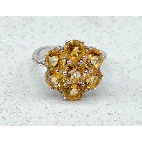 Citrine Cluster Flower Sterling Silver Ring 4.61ct Prong Set White Zircon Accent